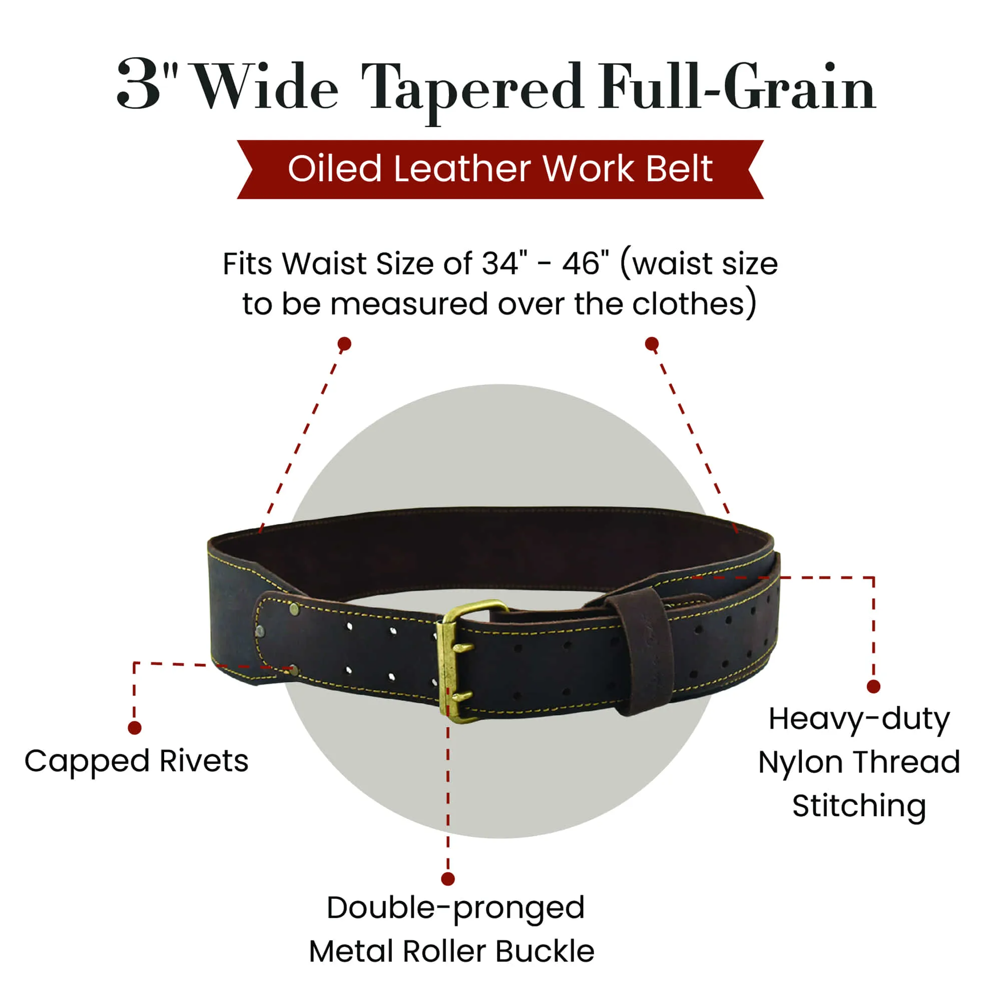 74054 - 3 Inch Wide Tapered Work Belt in Dark Brown Oiled Leather | Style n Craft