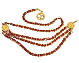 80's Vintage CHANEL red leather and chain belt with golden CC charms. Must-have belt from CHANEL. Triple layer belt.