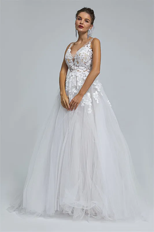 A-line Sheer Straps V-neck Tulle Applique Floor-length Sleeveless Wedding Dress Cover