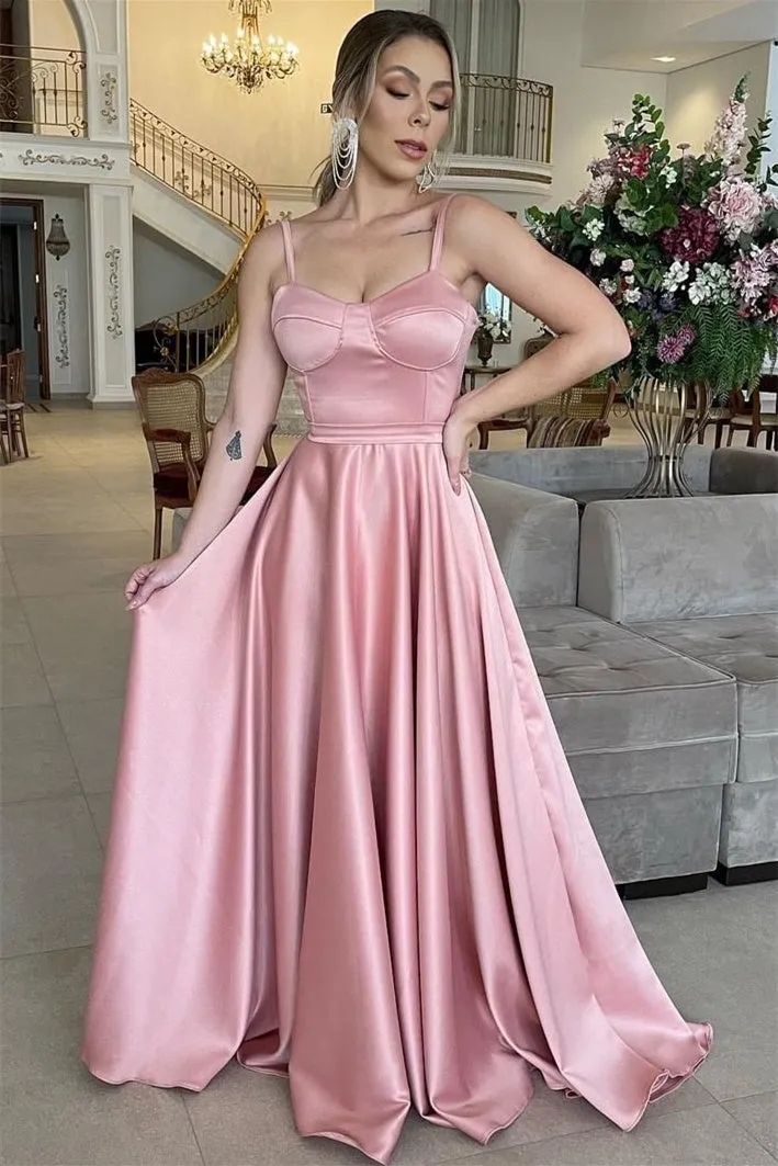 A-line Spaghetti strap Floor Length Sleeveless Backless Prom Dress