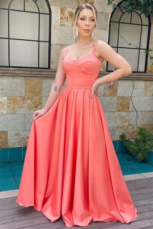 A-line Spaghetti strap Floor Length Sleeveless Backless Prom Dress