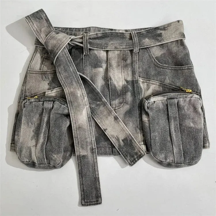 Acid Wash Cargo Mini Skirt