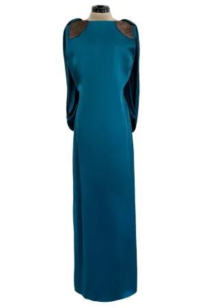 Amazing 1980s Bill Blass Bias Cut Deep Teal Silk Dress w Bead Detailing & Draped Low Back