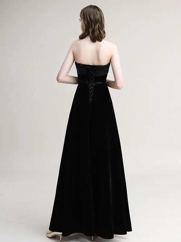 Amazing Evening Dress A-Line Strapless Velour Floor-Length Sash evening dress