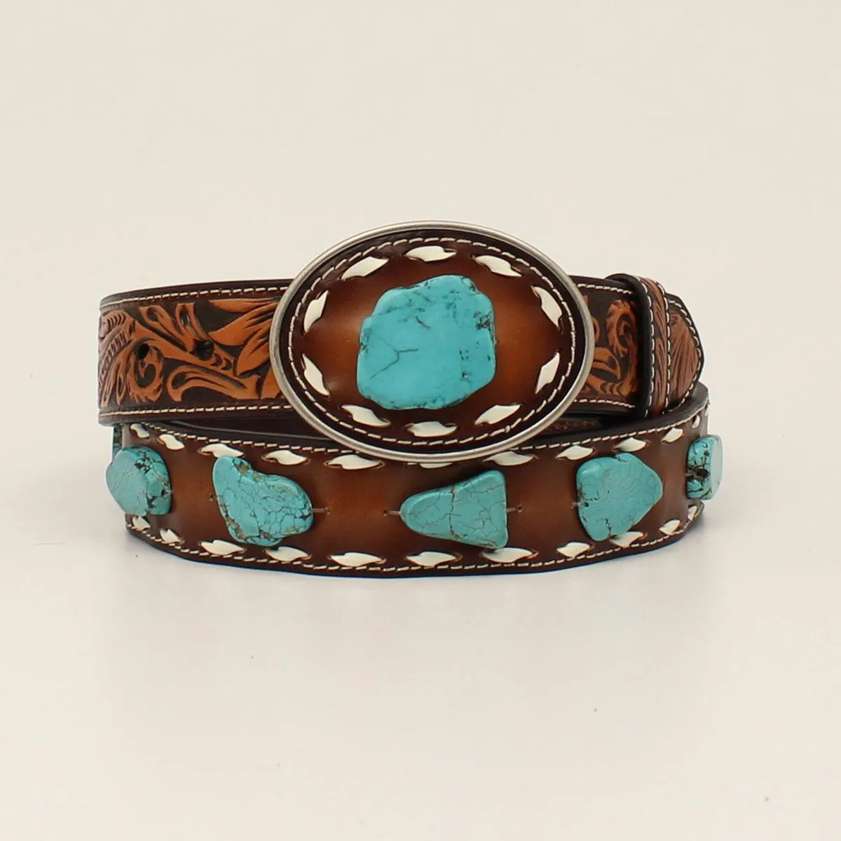 Angel Ranch Brown Buck Laced Belt with Turquoise Stones