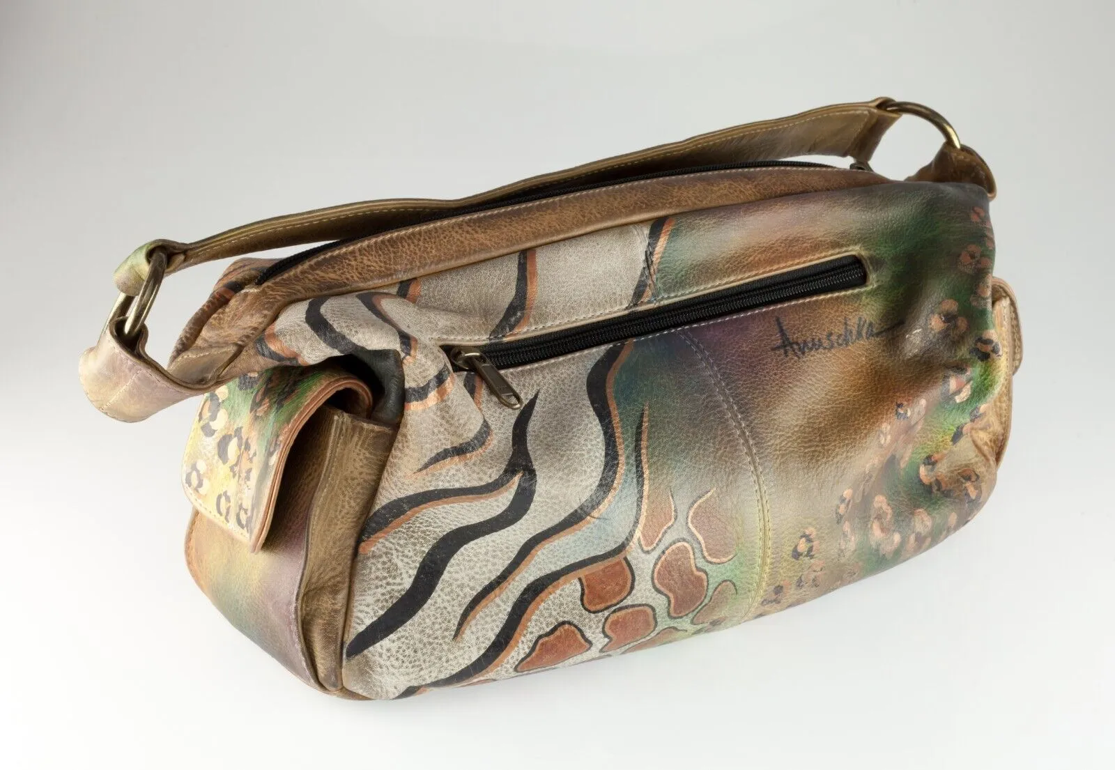 Anuschka Leather Print Hand-Painted Purse with Pockets and Zippers