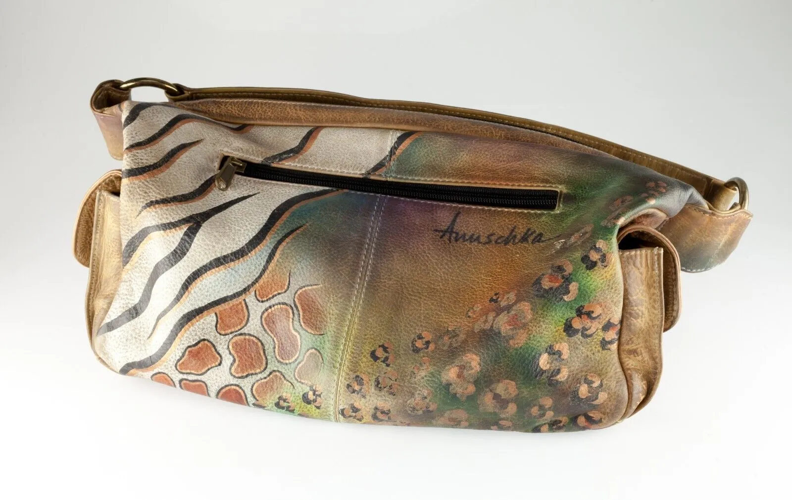 Anuschka Leather Print Hand-Painted Purse with Pockets and Zippers