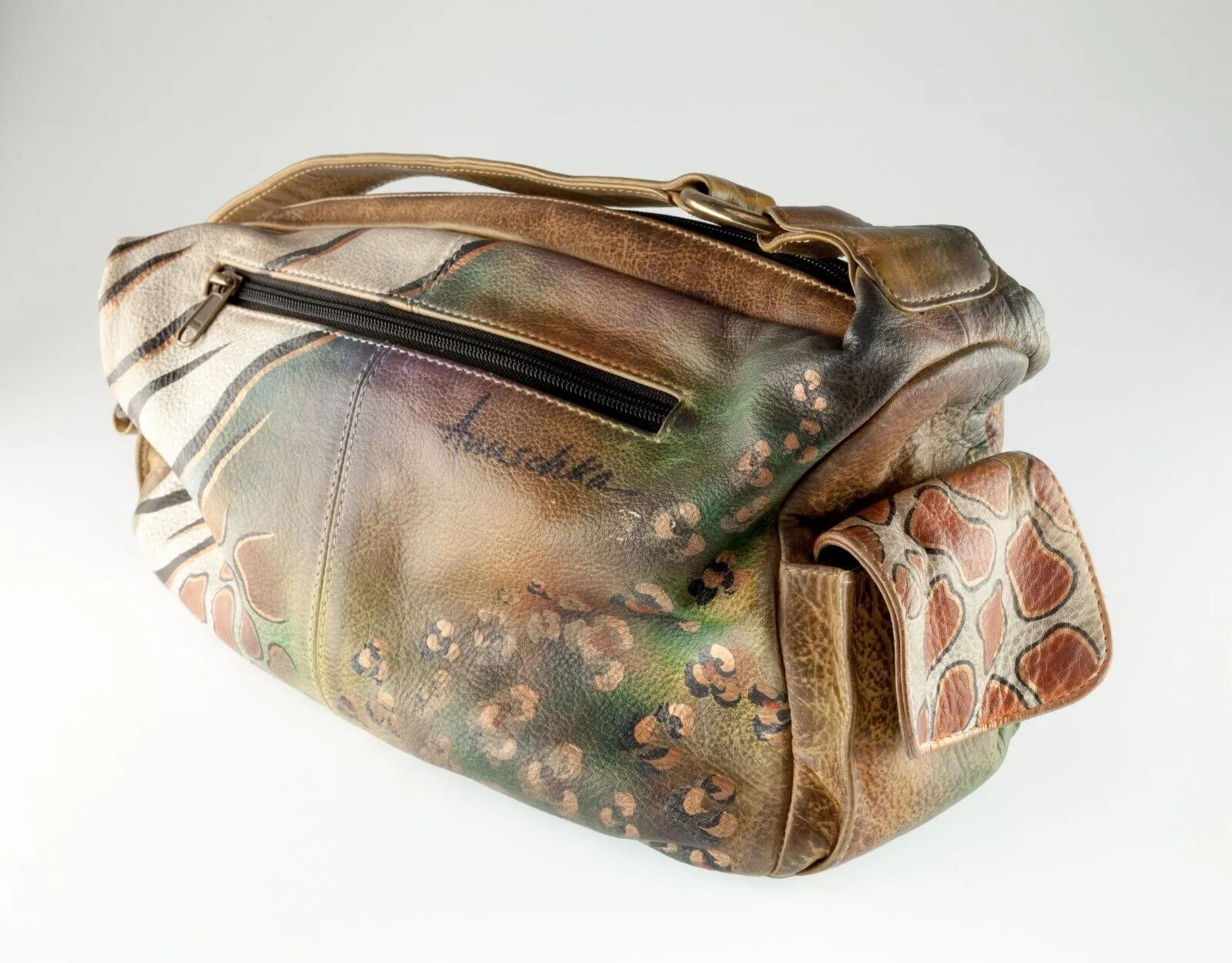 Anuschka Leather Print Hand-Painted Purse with Pockets and Zippers