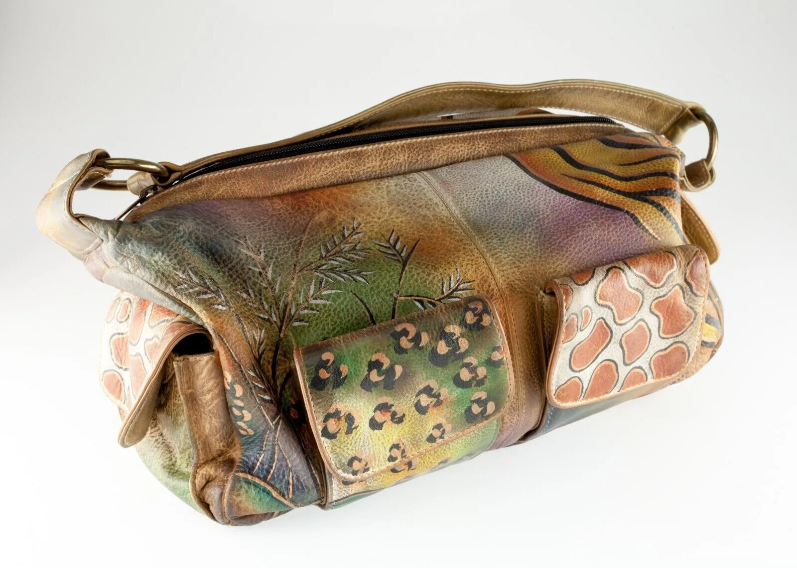 Anuschka Leather Print Hand-Painted Purse with Pockets and Zippers