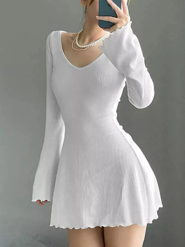 Backless Chic Long-Sleeve Knit Mini Dress Slim Elegant Autumn Winter Mini Dress