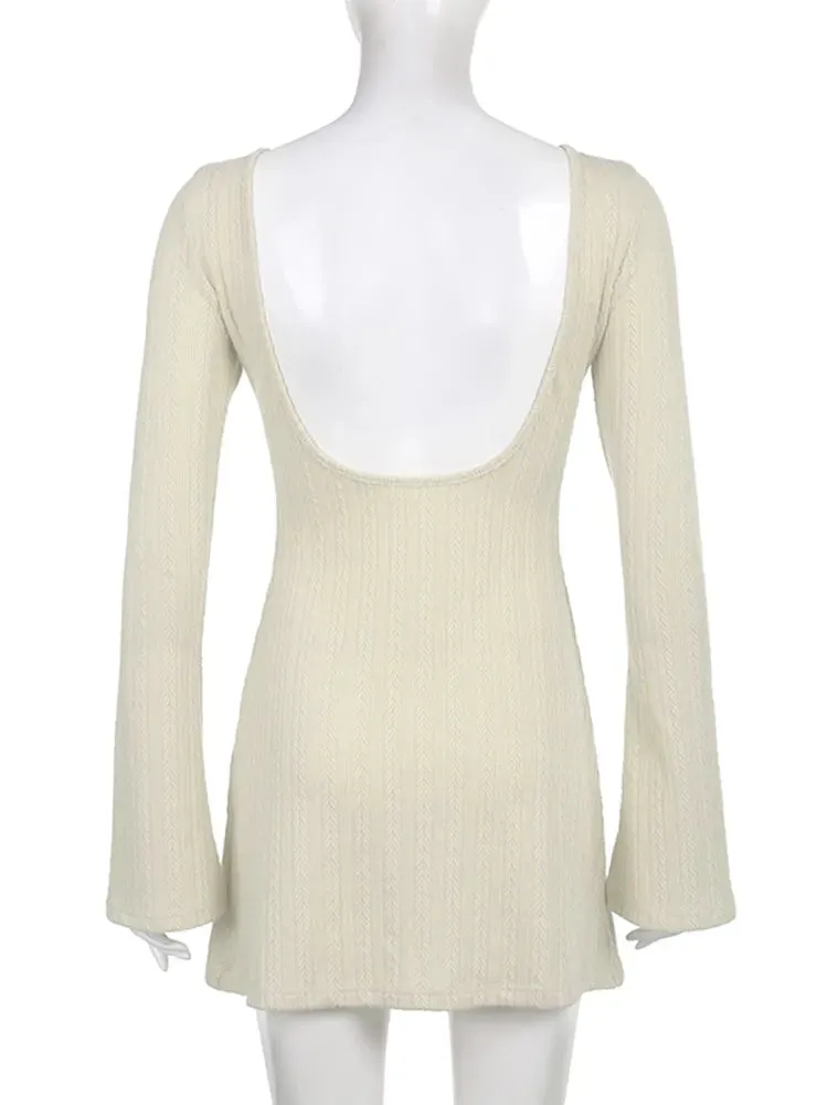 Backless Chic Long-Sleeve Knit Mini Dress Slim Elegant Autumn Winter Mini Dress