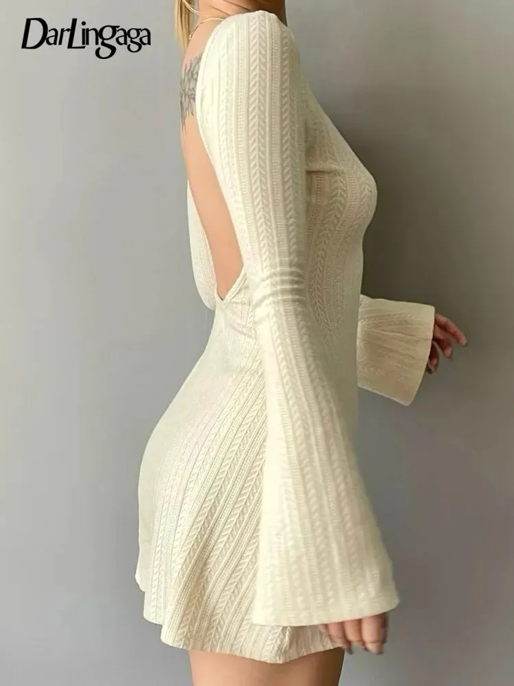 Backless Chic Long-Sleeve Knit Mini Dress Slim Elegant Autumn Winter Mini Dress