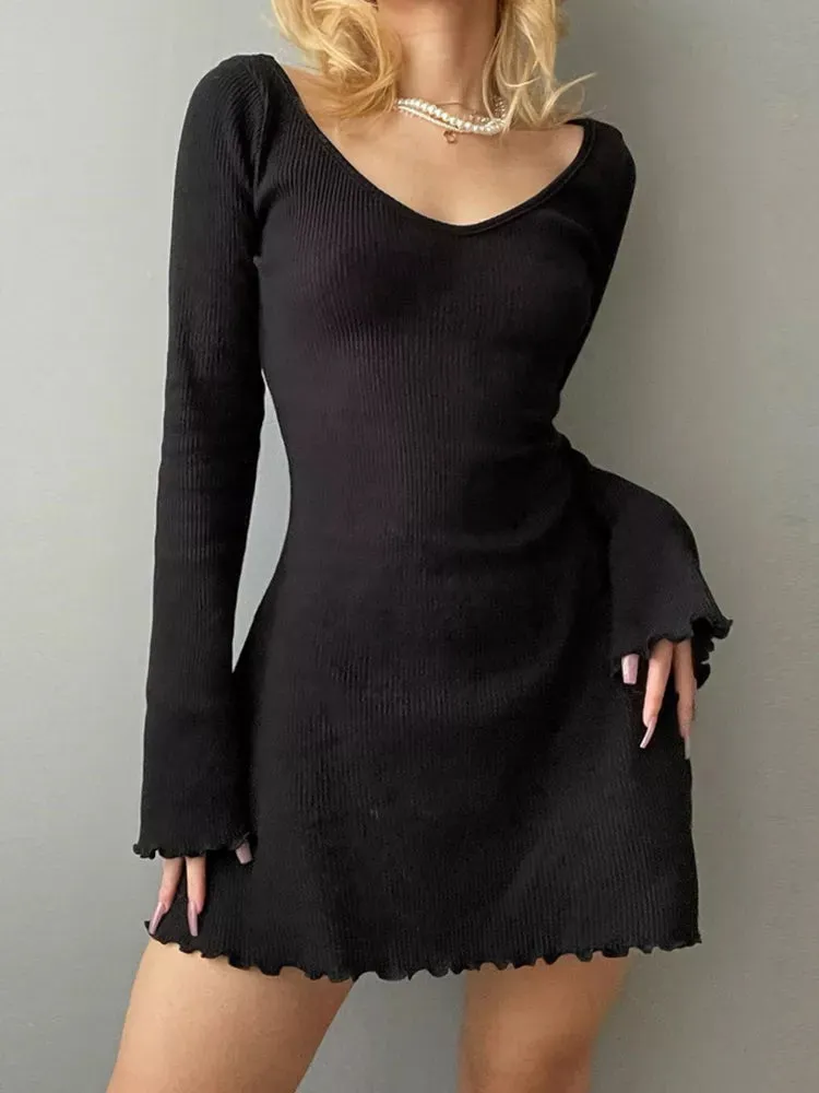 Backless Chic Long-Sleeve Knit Mini Dress Slim Elegant Autumn Winter Mini Dress