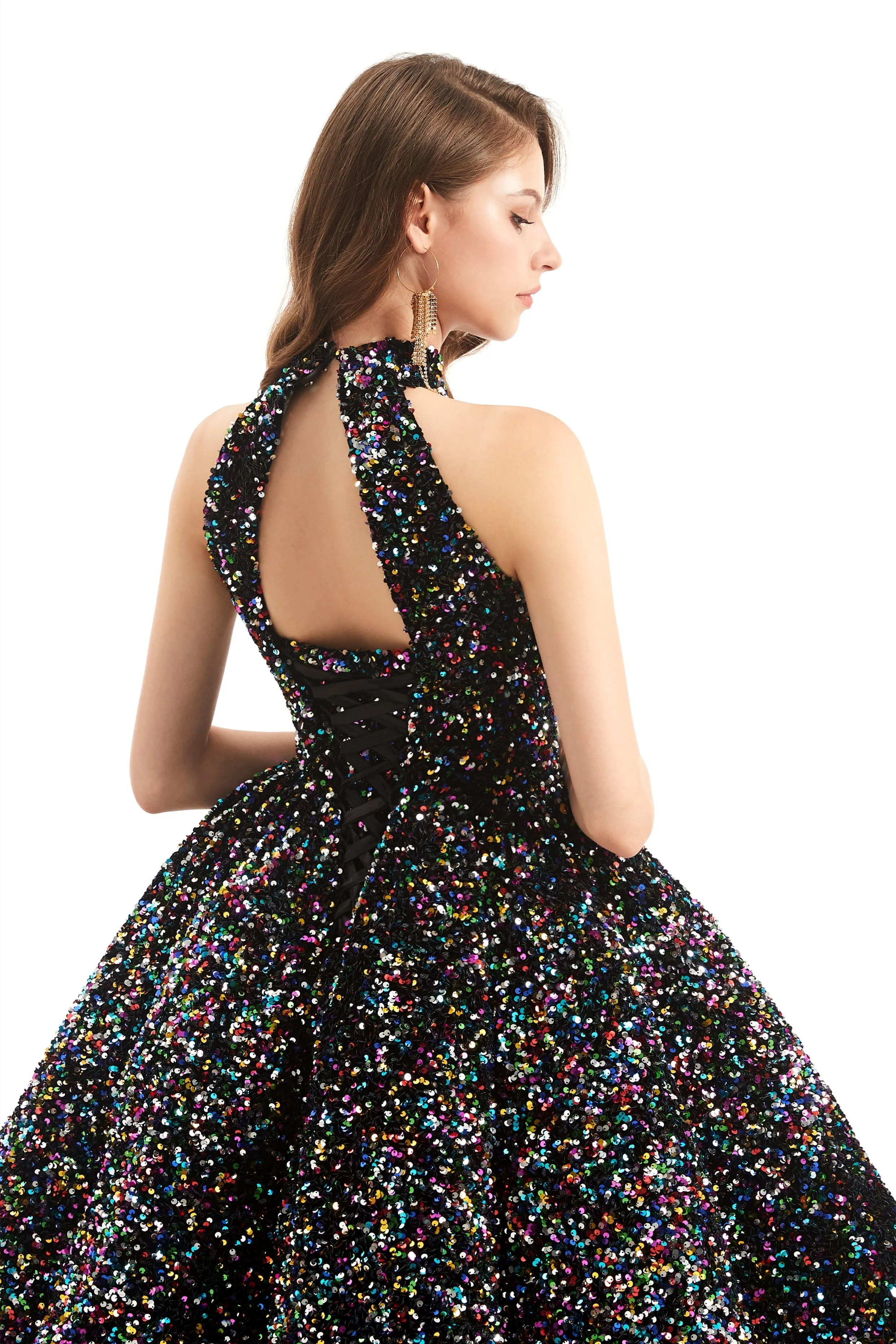 Ball Gown High Neck Sequined Ankle Length Sleeveless Open Back Prom Dress