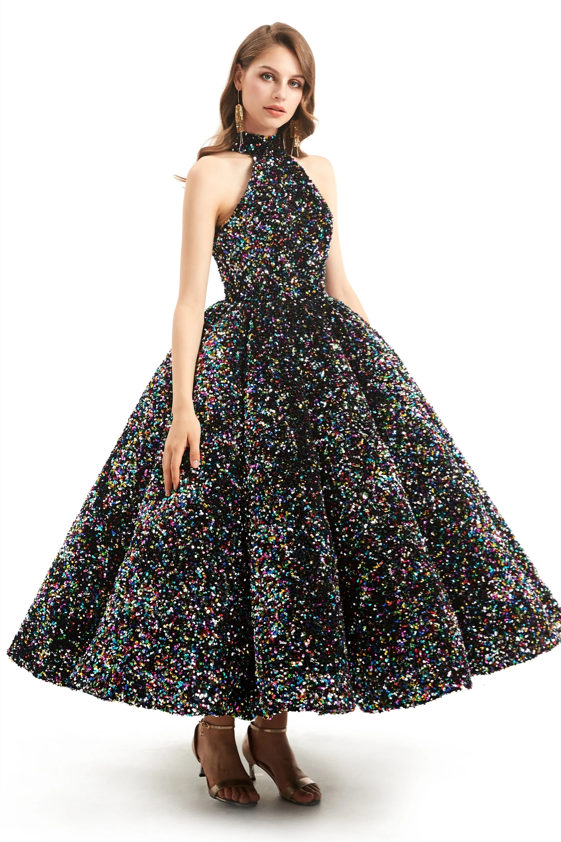 Ball Gown High Neck Sequined Ankle Length Sleeveless Open Back Prom Dress