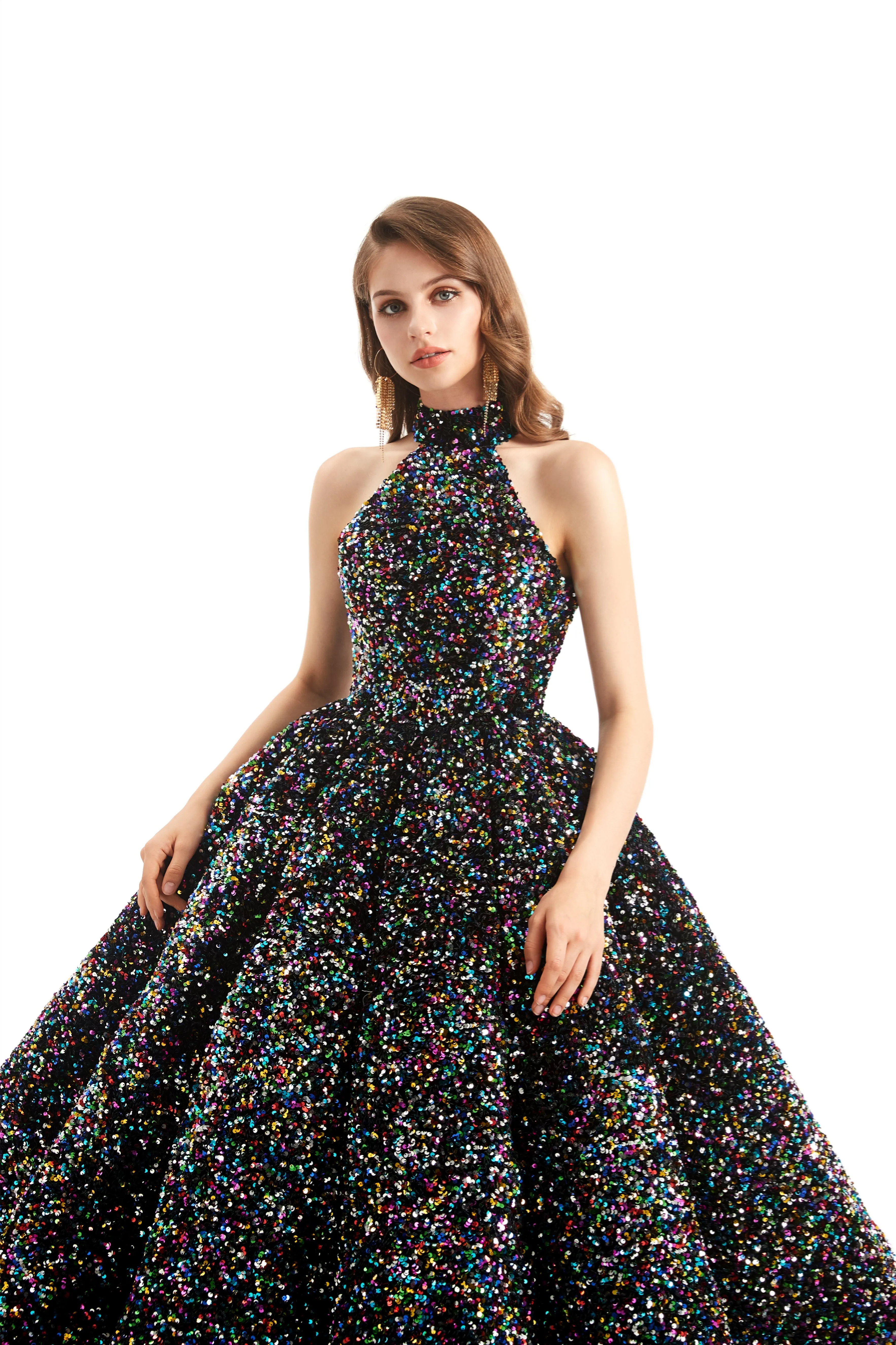 Ball Gown High Neck Sequined Ankle Length Sleeveless Open Back Prom Dress