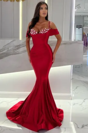 Ballbella Mermaid Red Spaghetti Straps Sweetheart Off-The-Shoulder Long Stain Evening Dress with Ruffles