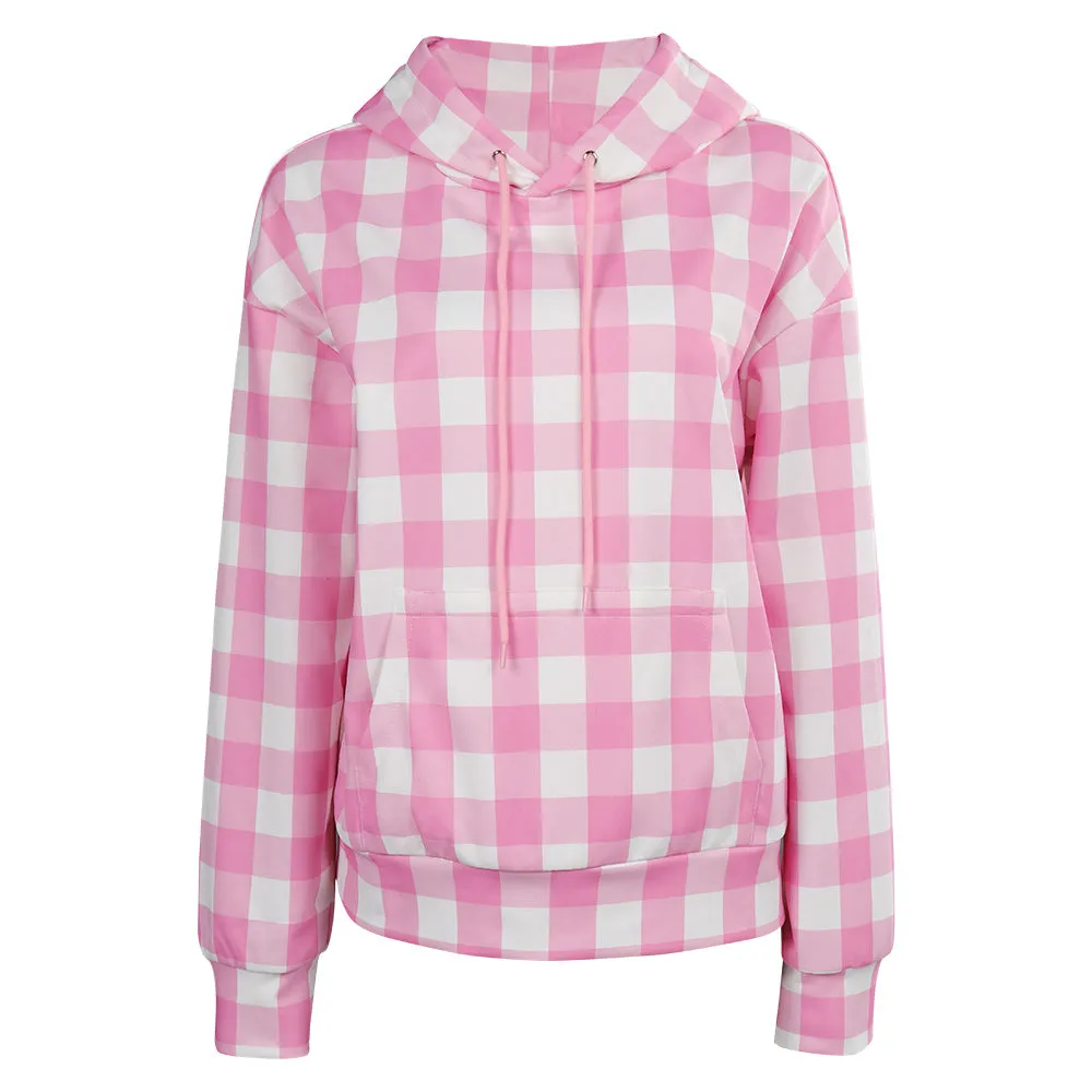 Barbie 2023 Women Pink Plaid Hoodie Outfits Cosplay Costume Halloween Carnival
