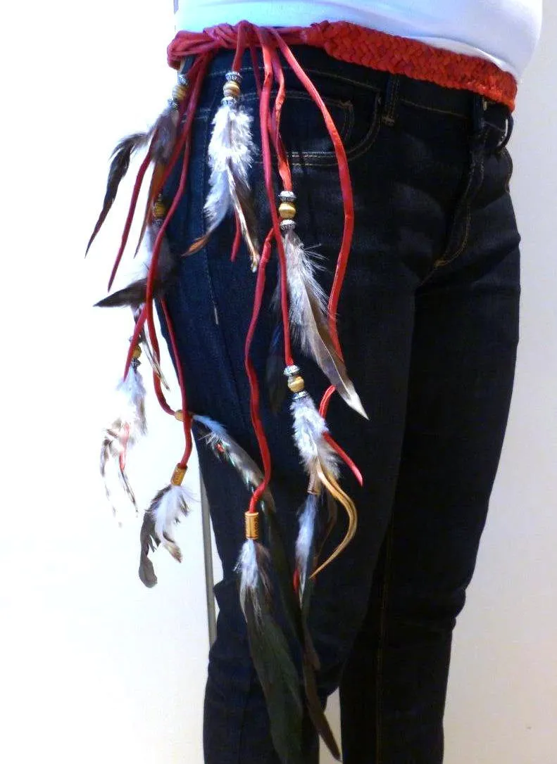 BE6-Red Braided leather Belt or Headband with feathers, plaited suede belt with feathers