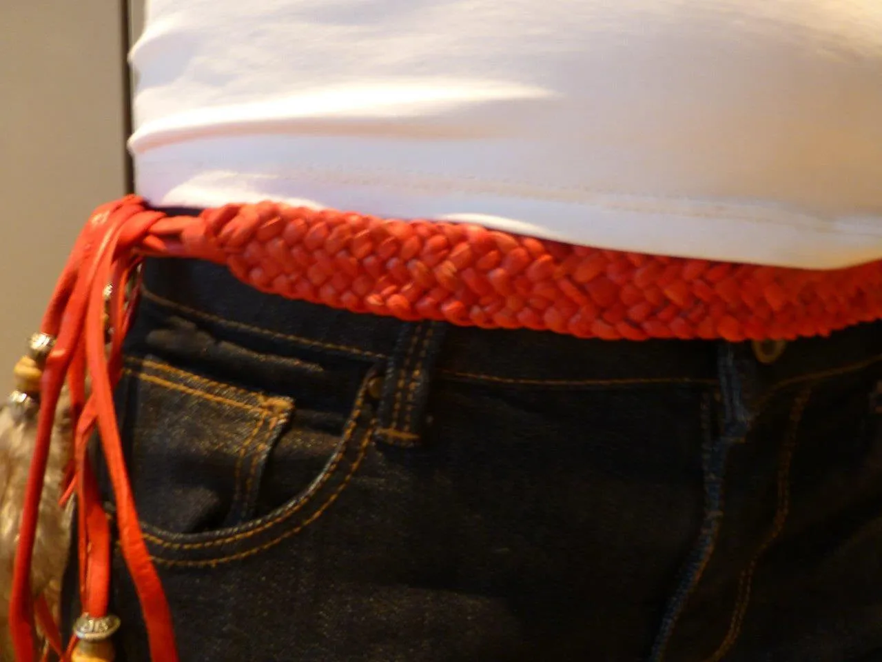 BE6-Red Braided leather Belt or Headband with feathers, plaited suede belt with feathers