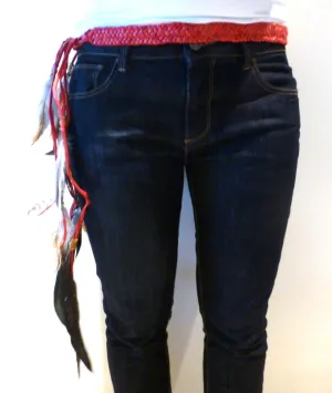 BE6-Red Braided leather Belt or Headband with feathers, plaited suede belt with feathers