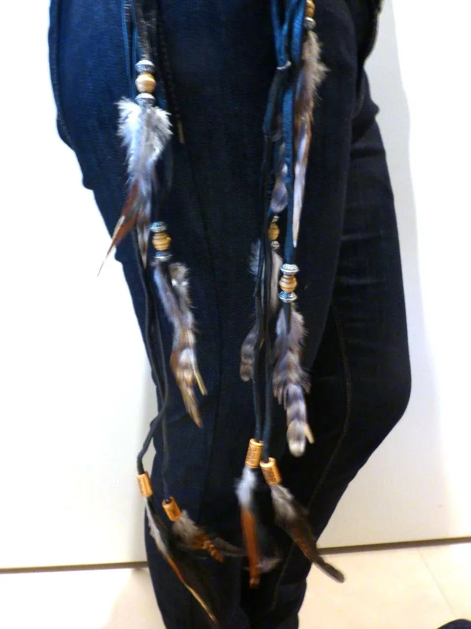 BE7-Black and White Braided leather Belt or Headband with feathers, plaited suede belt with feathers