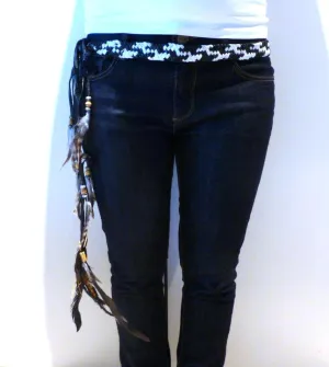 BE7-Black and White Braided leather Belt or Headband with feathers, plaited suede belt with feathers