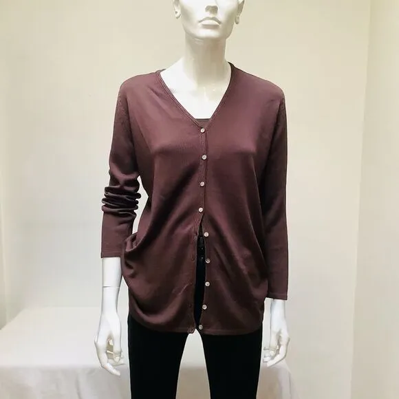 BEAUTRICOT HAND LOOMED BUTTON FRONT CARDIGAN SWEATER. CHOCOLATE BROWN SMALL EUC