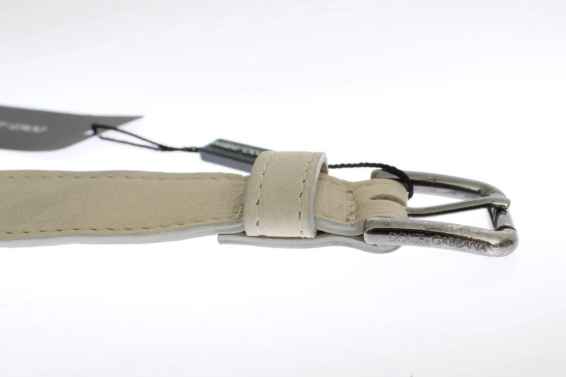 Beige Leather Silver Buckle Logo Belt