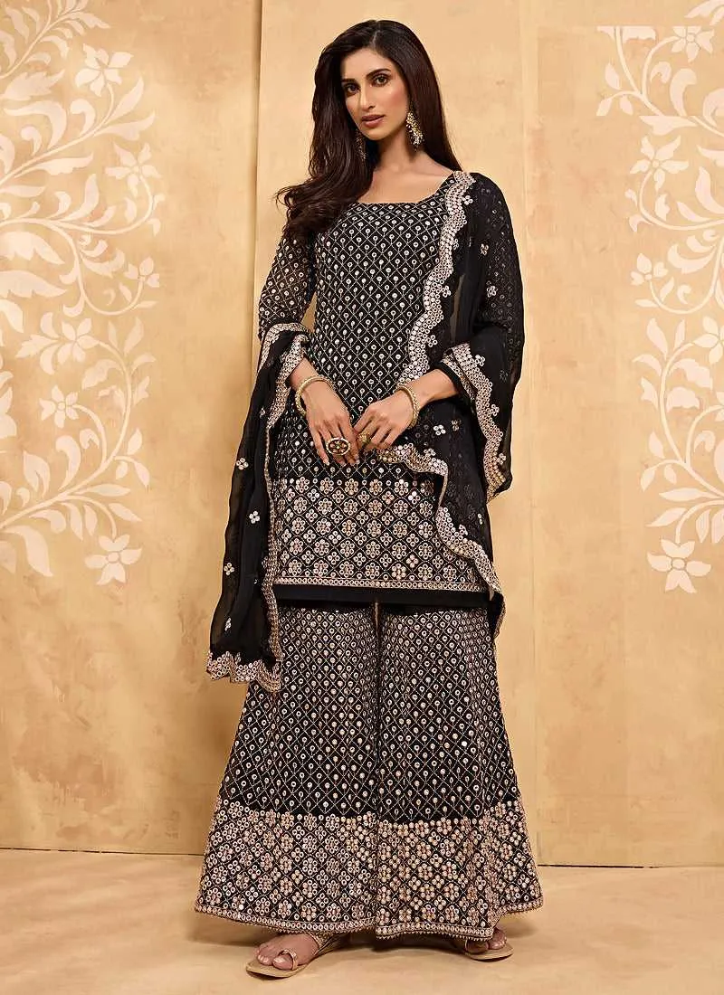 Black Heavy Embroidered Designer Sharara Style Suit