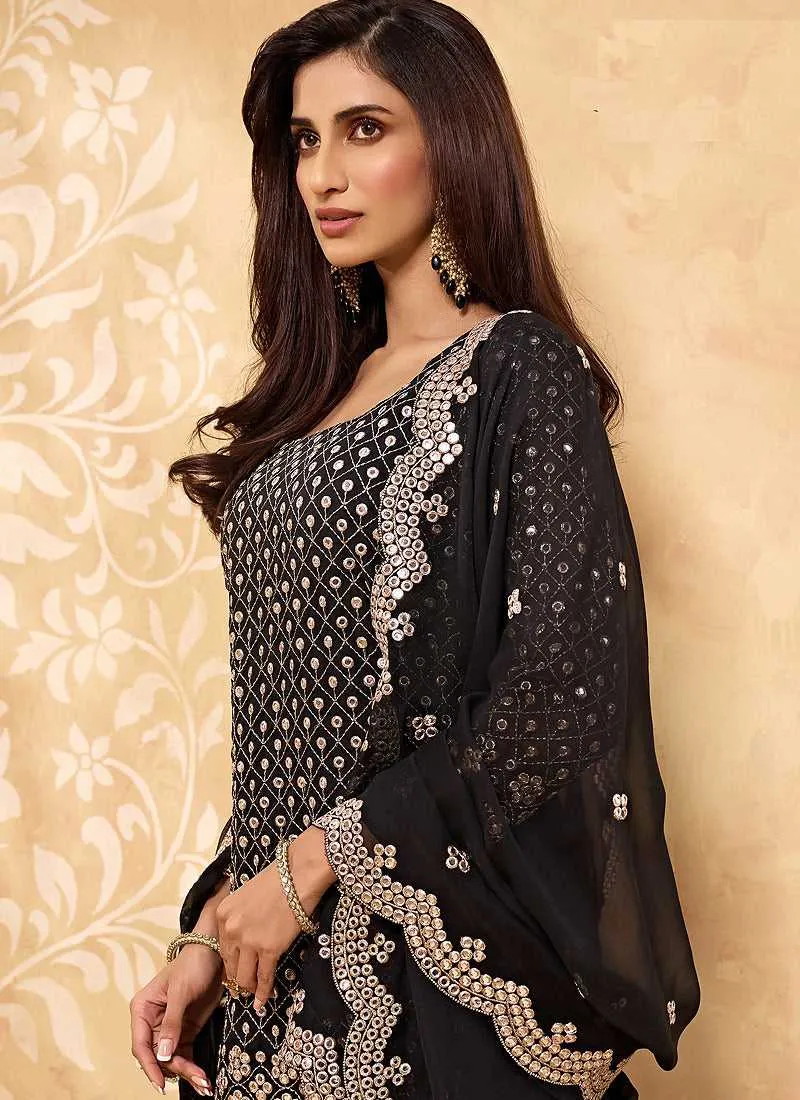 Black Heavy Embroidered Designer Sharara Style Suit