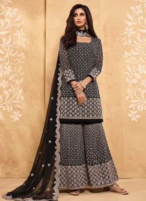 Black Heavy Embroidered Designer Sharara Style Suit