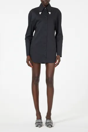 Black Poplin Mini Shirt Dress | Crystal Lapel