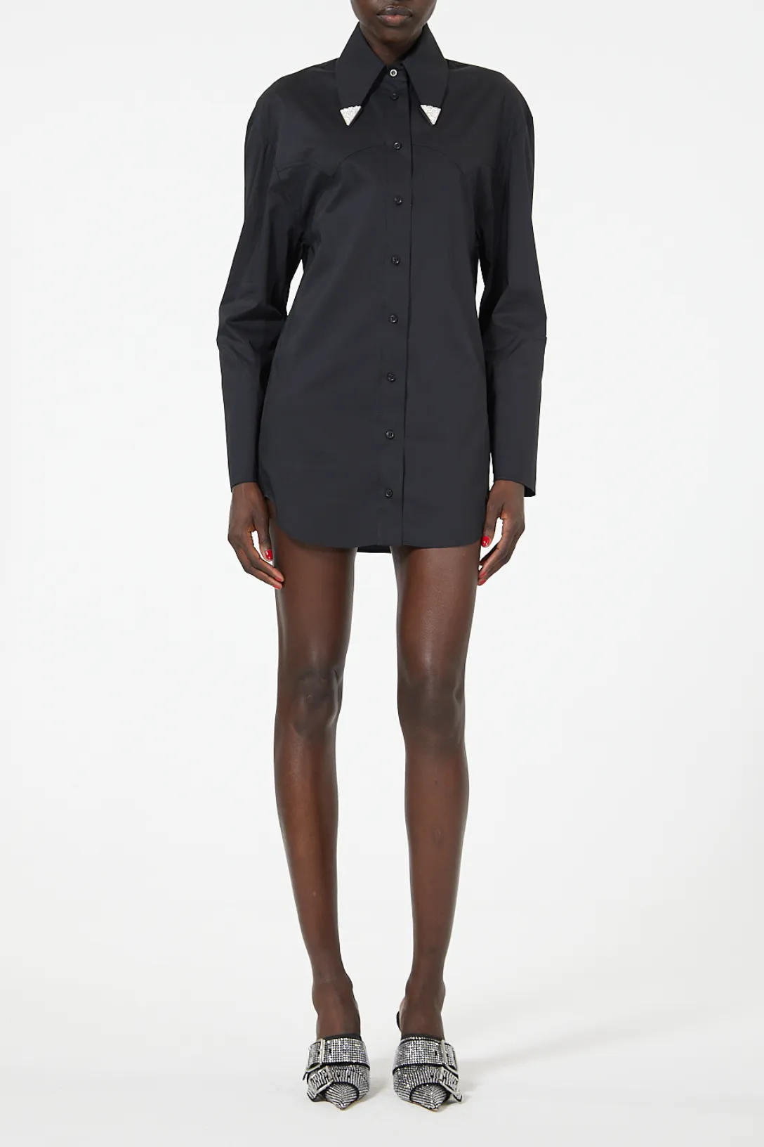 Black Poplin Mini Shirt Dress | Crystal Lapel