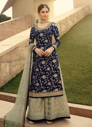 Blue Heavy Embroidered Designer Palazzo Style Suit