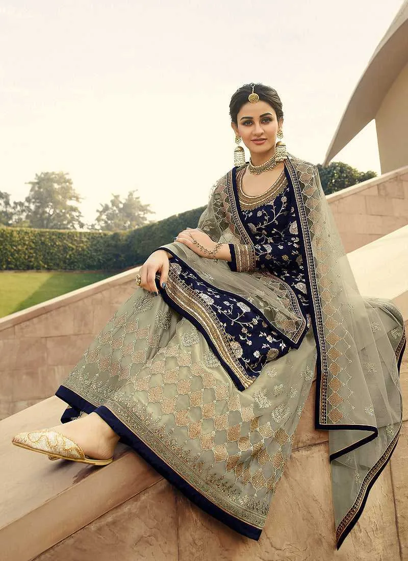 Blue Heavy Embroidered Designer Palazzo Style Suit