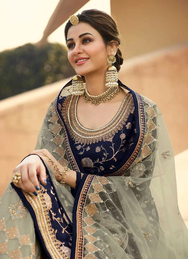 Blue Heavy Embroidered Designer Palazzo Style Suit