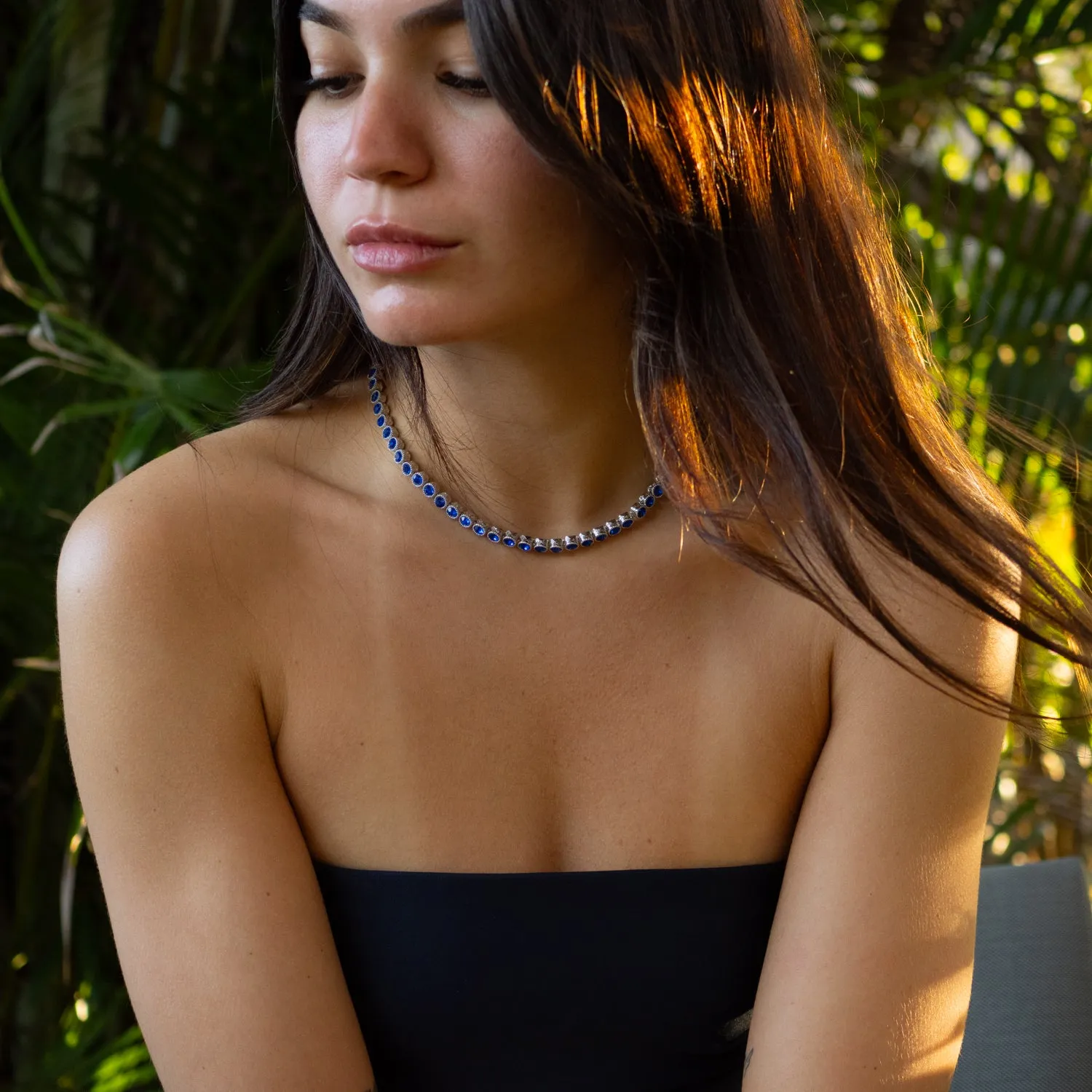 Blue Sapphire Tennis Mystic Silver Necklace