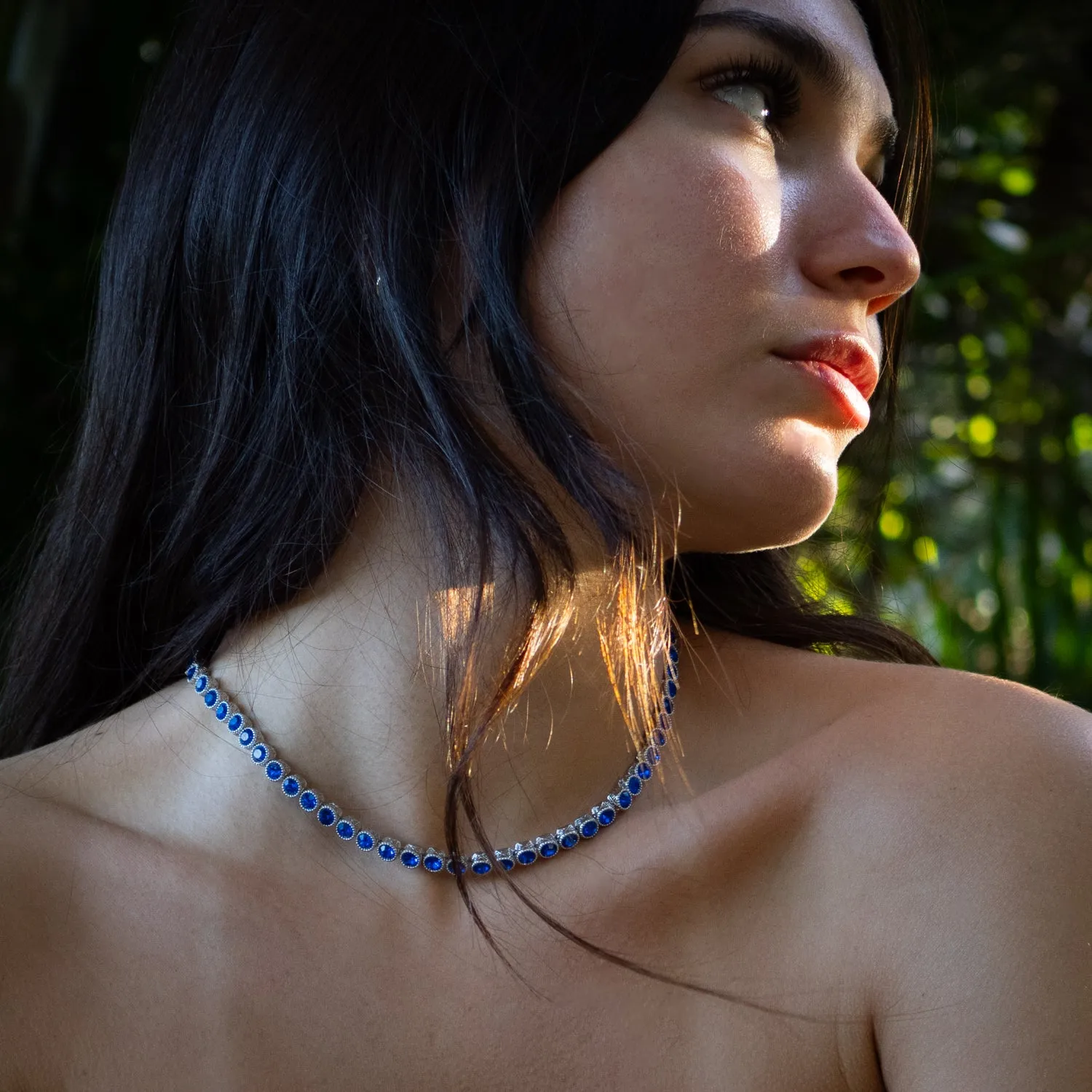 Blue Sapphire Tennis Mystic Silver Necklace