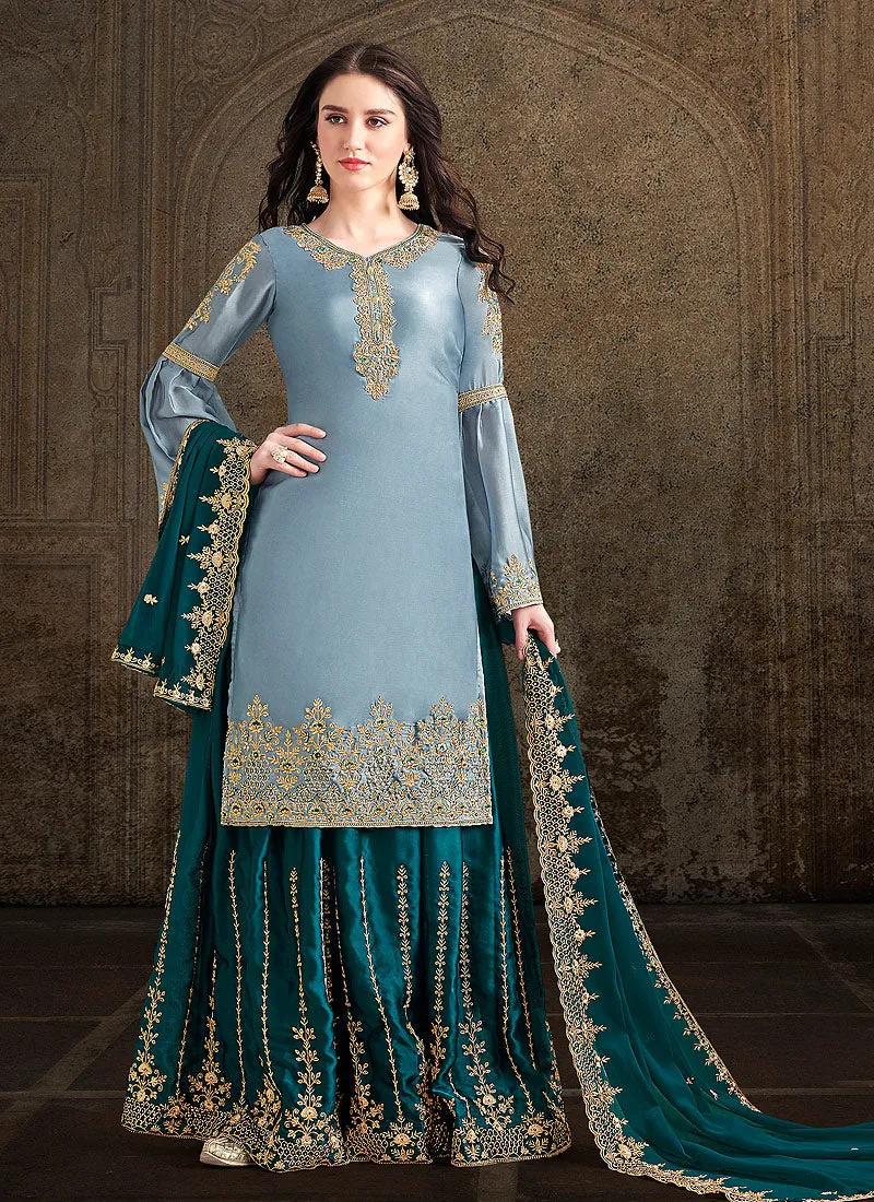 Blue Two Tone Designer Sharara Suit