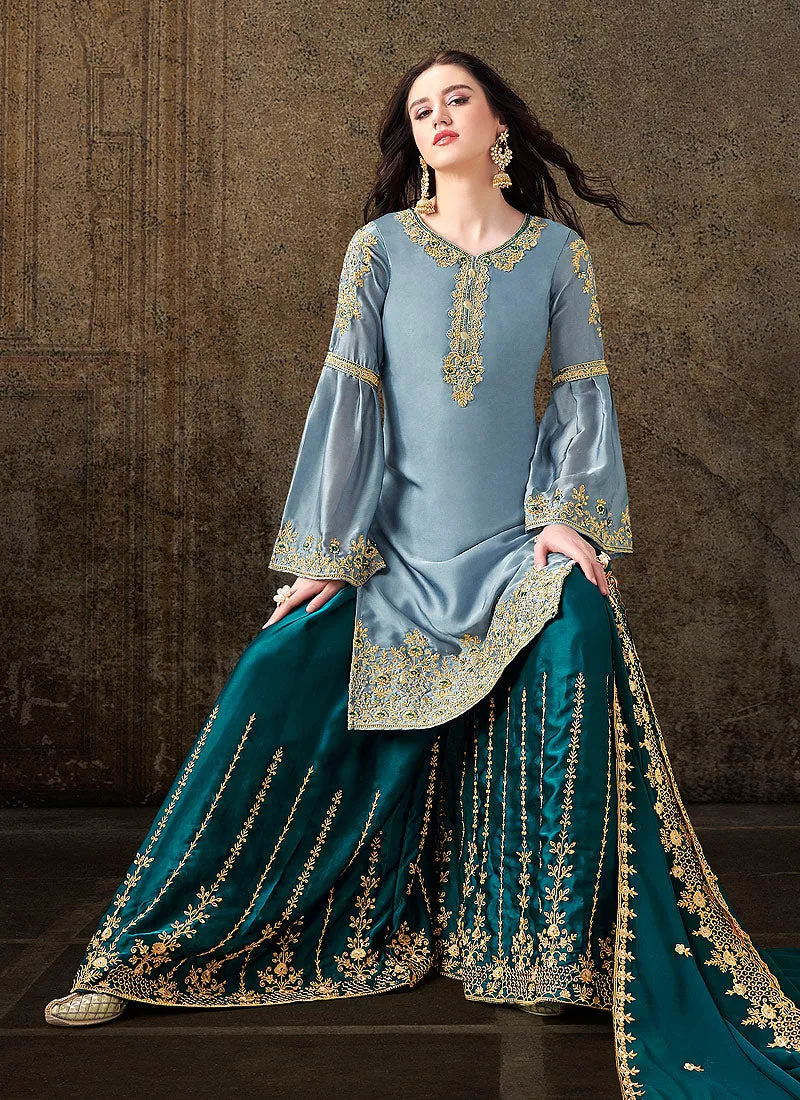 Blue Two Tone Designer Sharara Suit