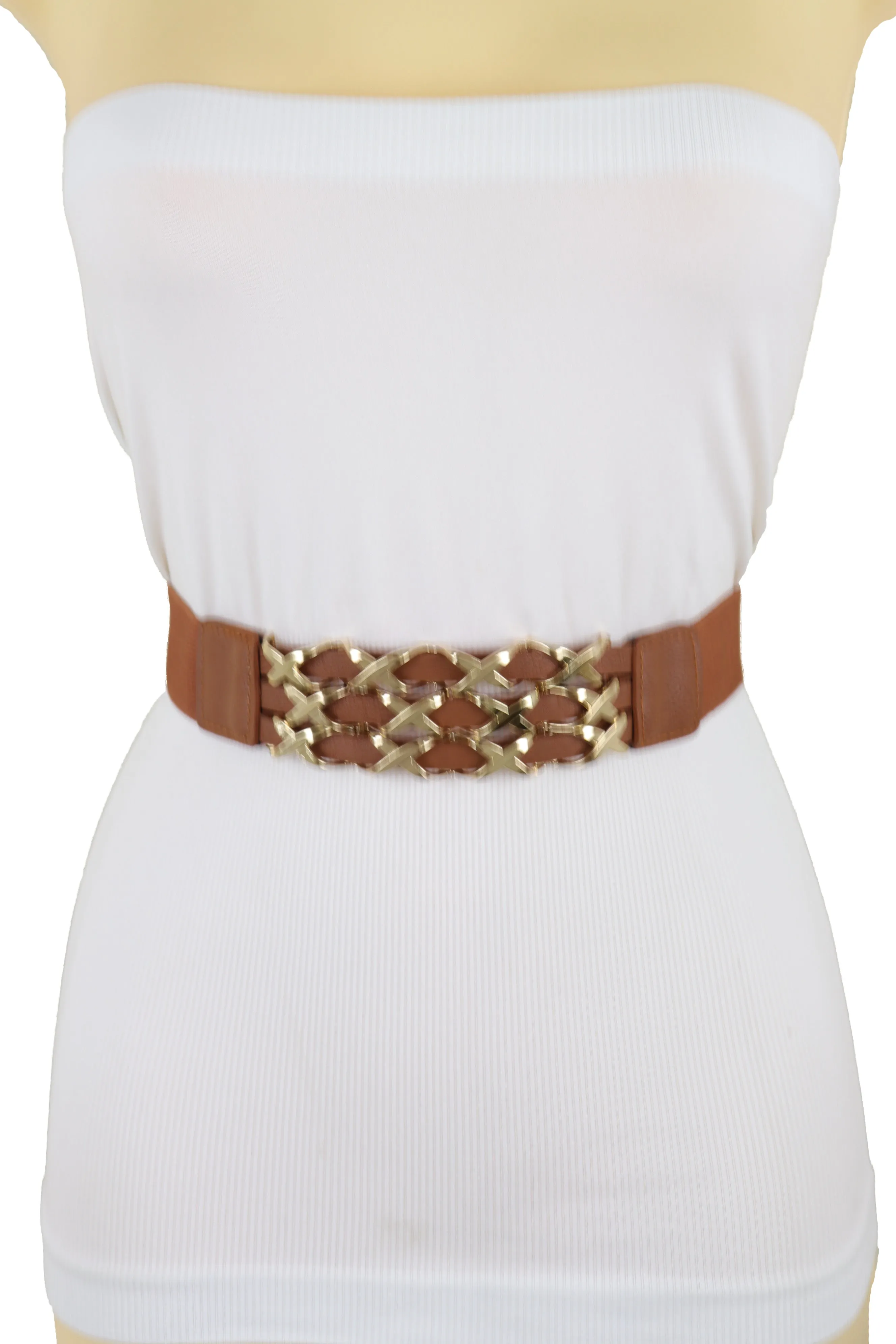 Brown Elastic Fashion Belt Gold Metal XX Charms Fit Size S M