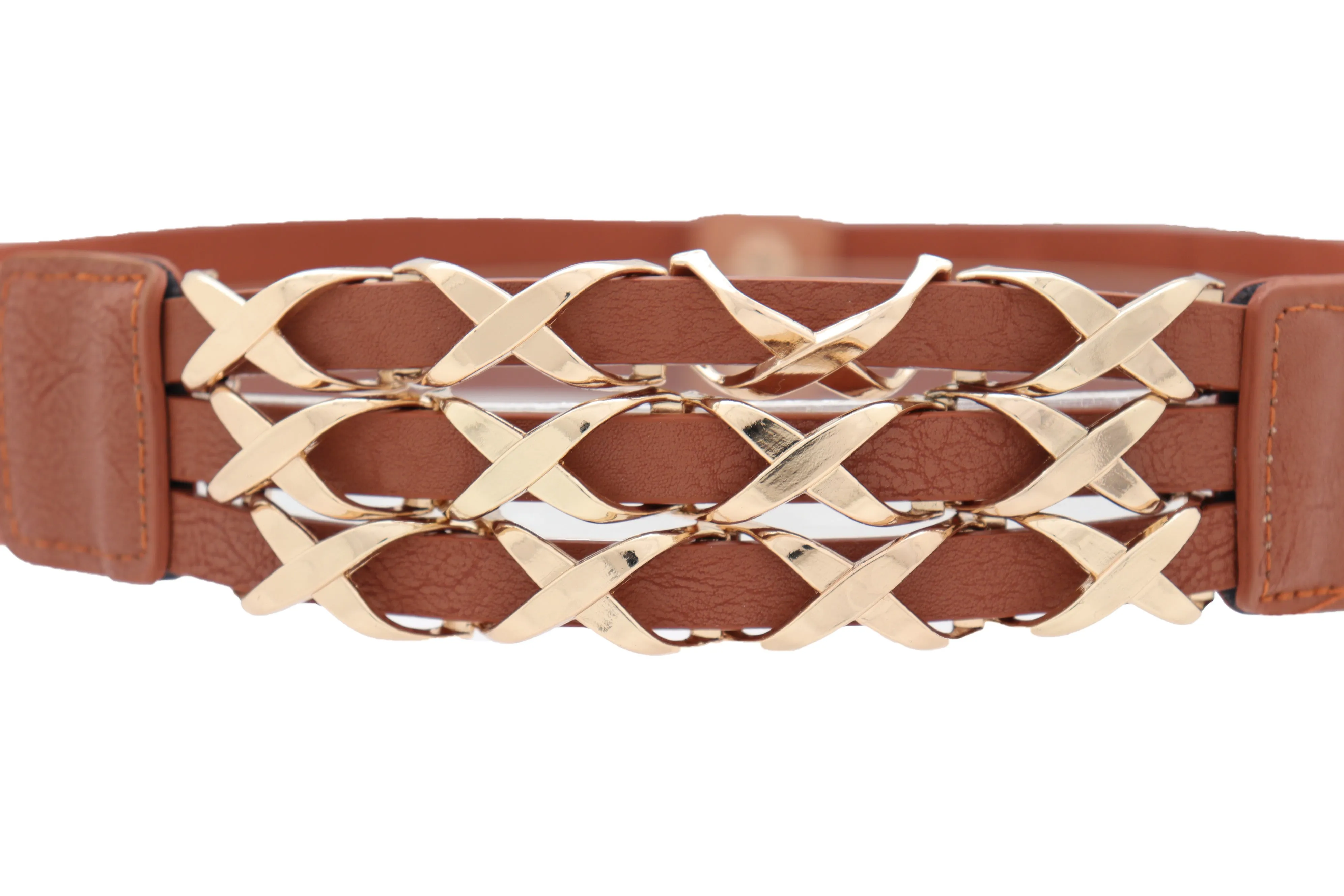 Brown Elastic Fashion Belt Gold Metal XX Charms Fit Size S M