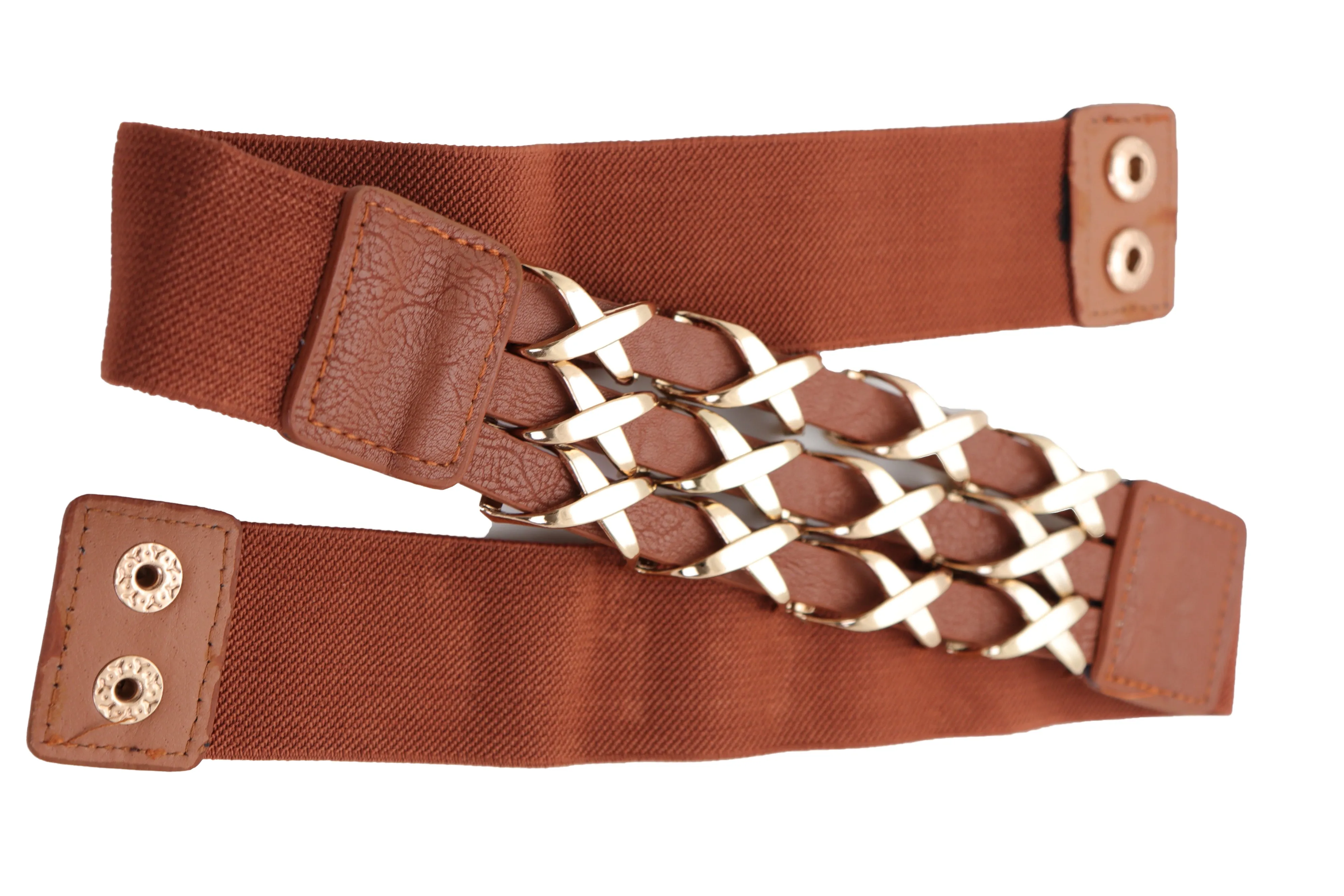 Brown Elastic Fashion Belt Gold Metal XX Charms Fit Size S M