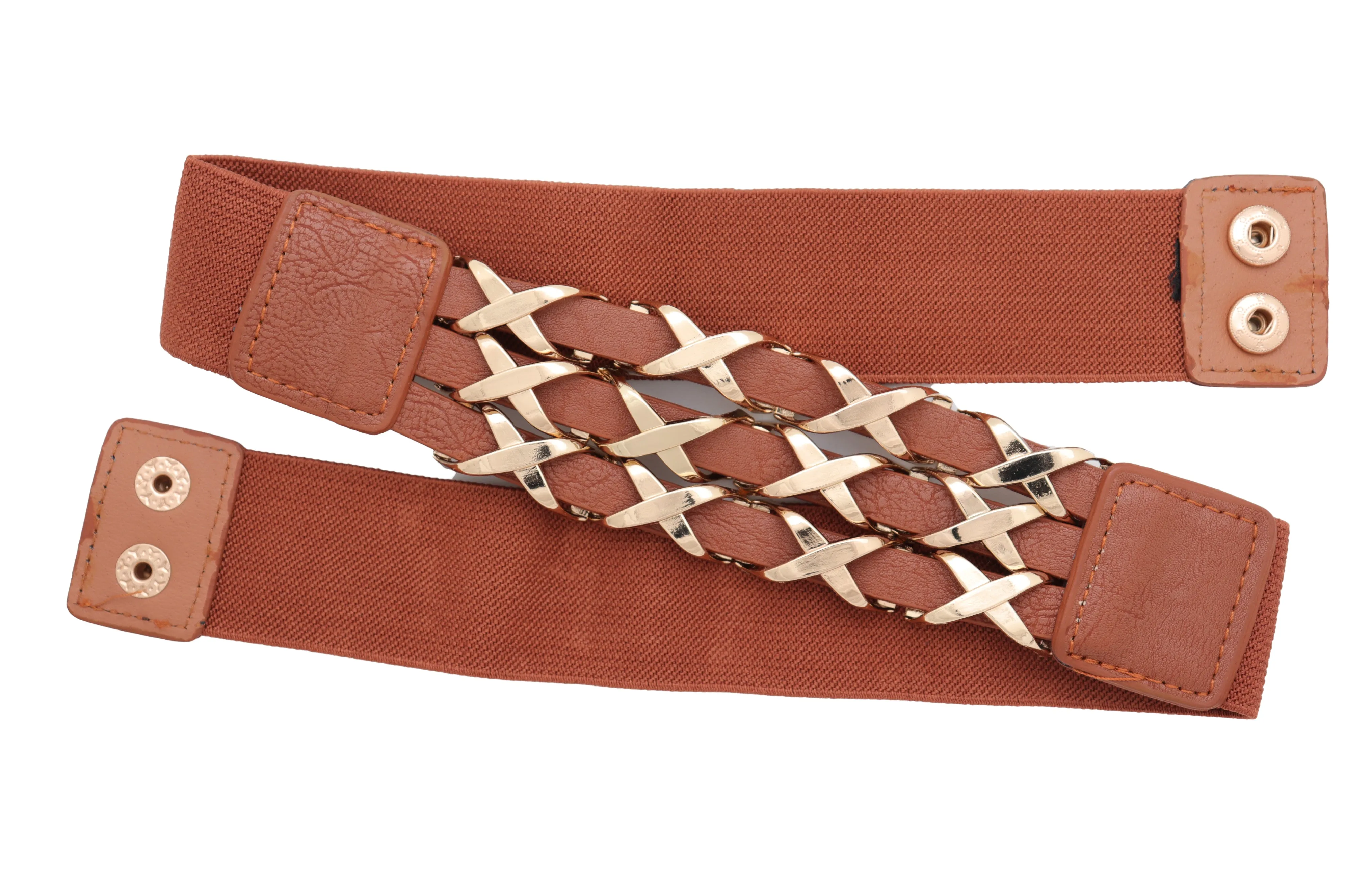 Brown Elastic Fashion Belt Gold Metal XX Charms Fit Size S M
