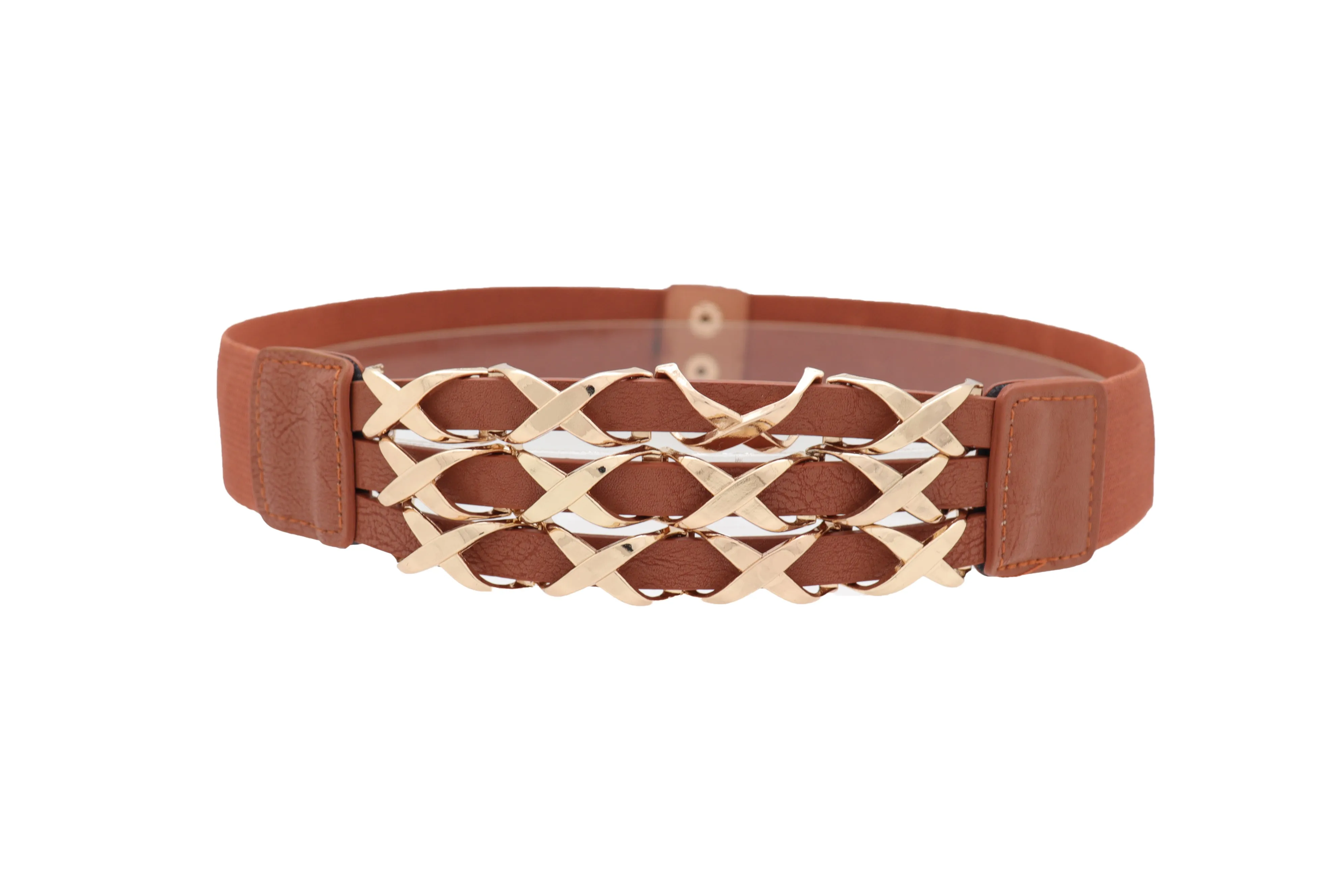 Brown Elastic Fashion Belt Gold Metal XX Charms Fit Size S M