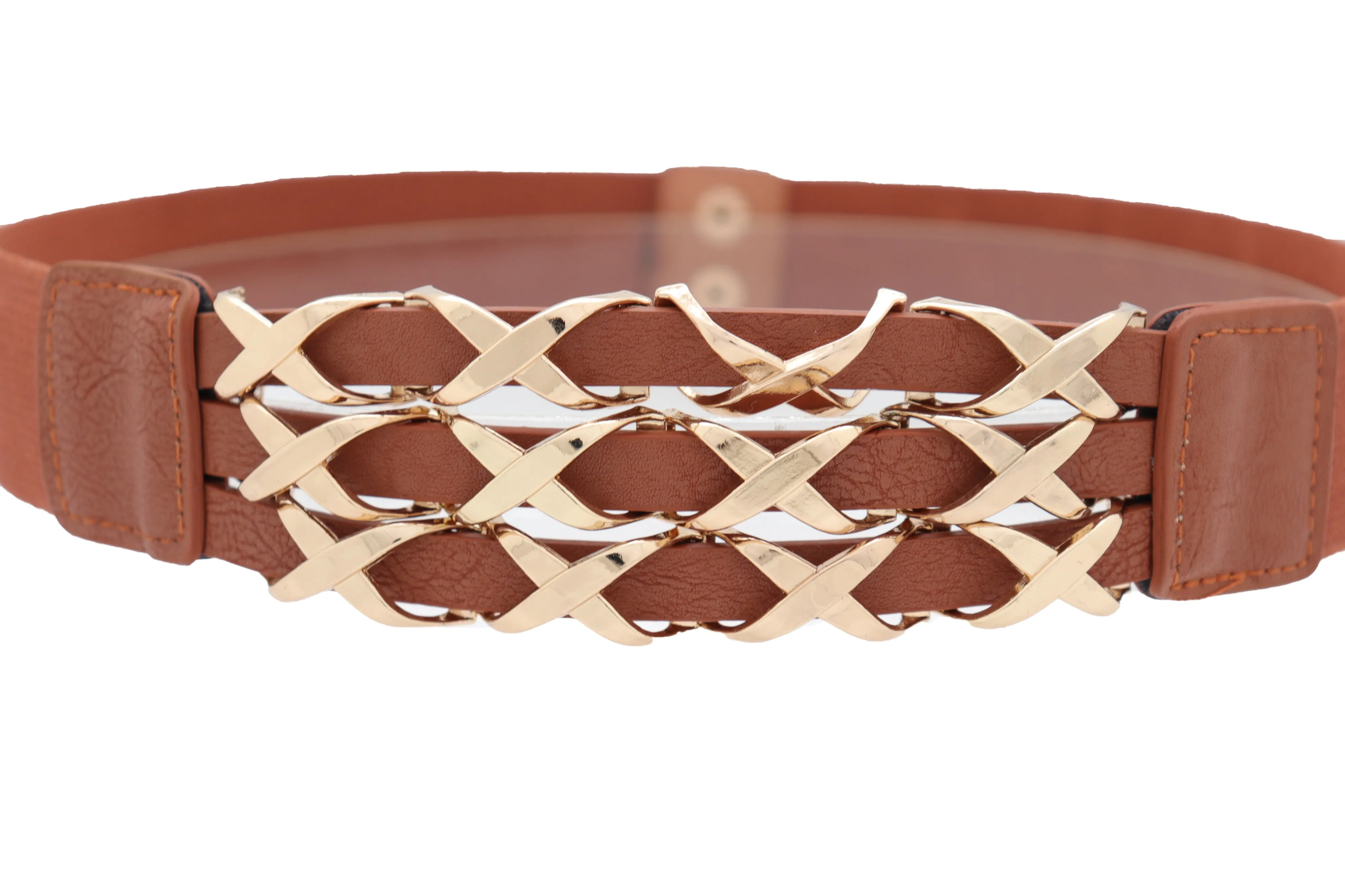 Brown Elastic Fashion Belt Gold Metal XX Charms Fit Size S M