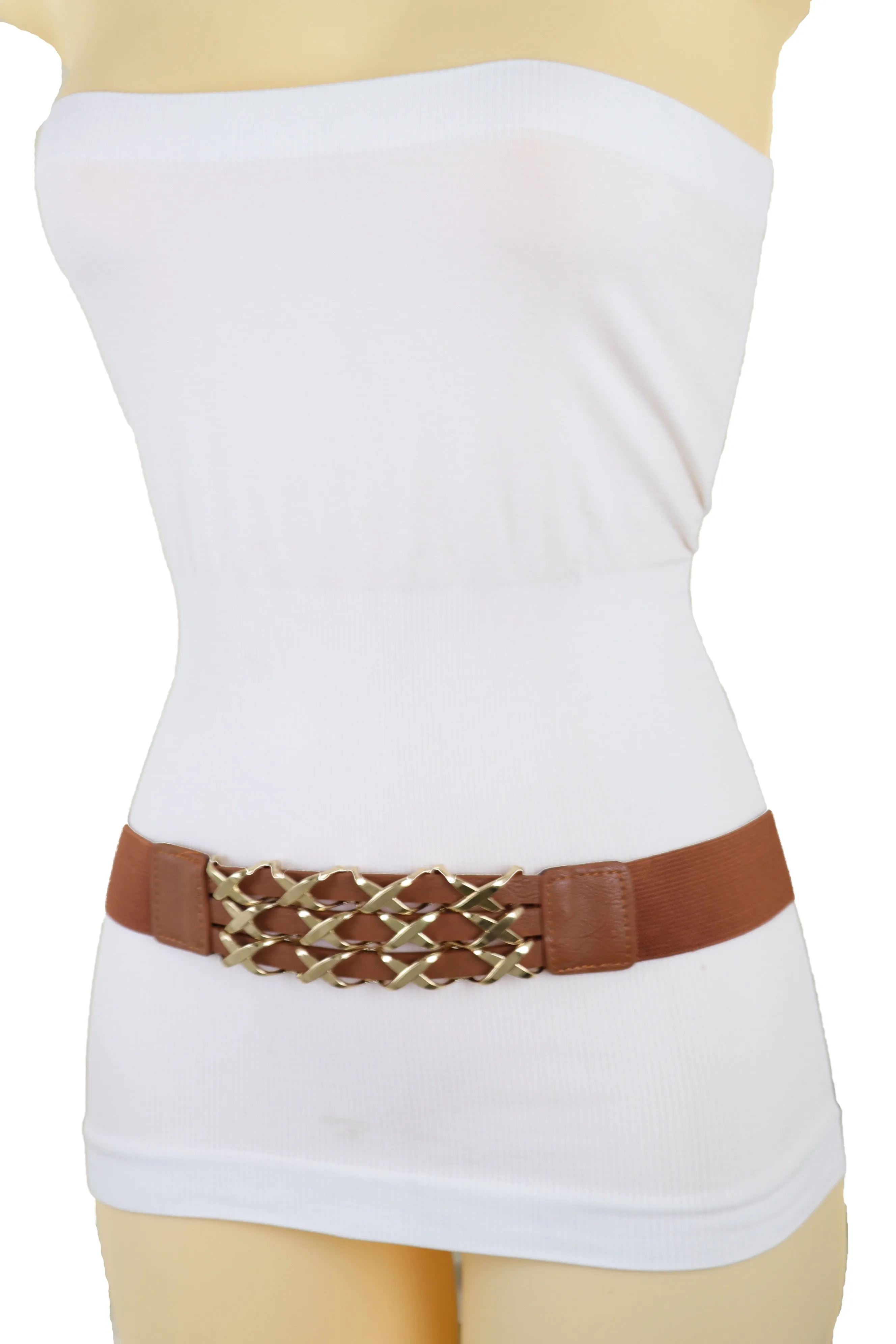 Brown Elastic Fashion Belt Gold Metal XX Charms Fit Size S M