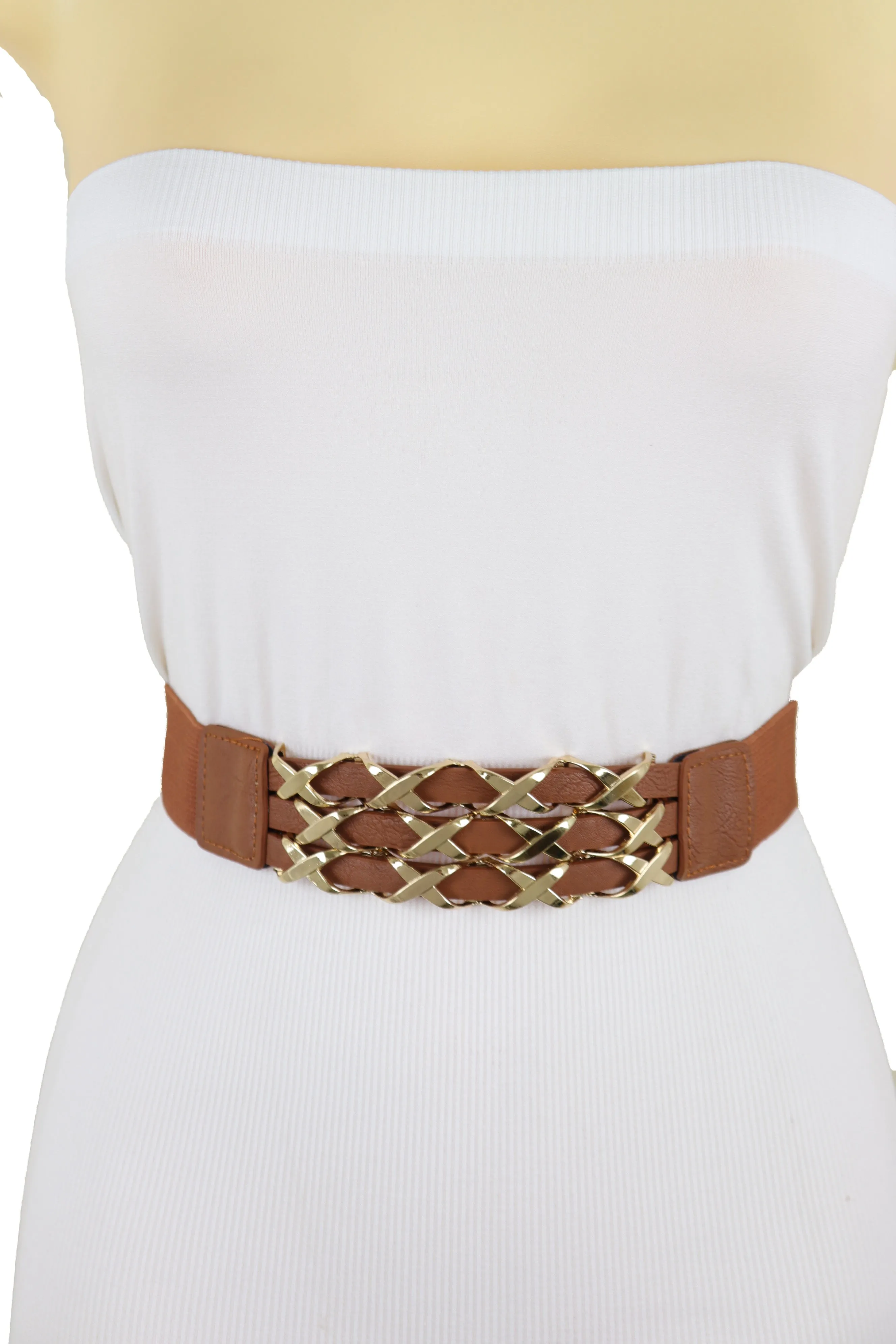 Brown Elastic Fashion Belt Gold Metal XX Charms Fit Size S M