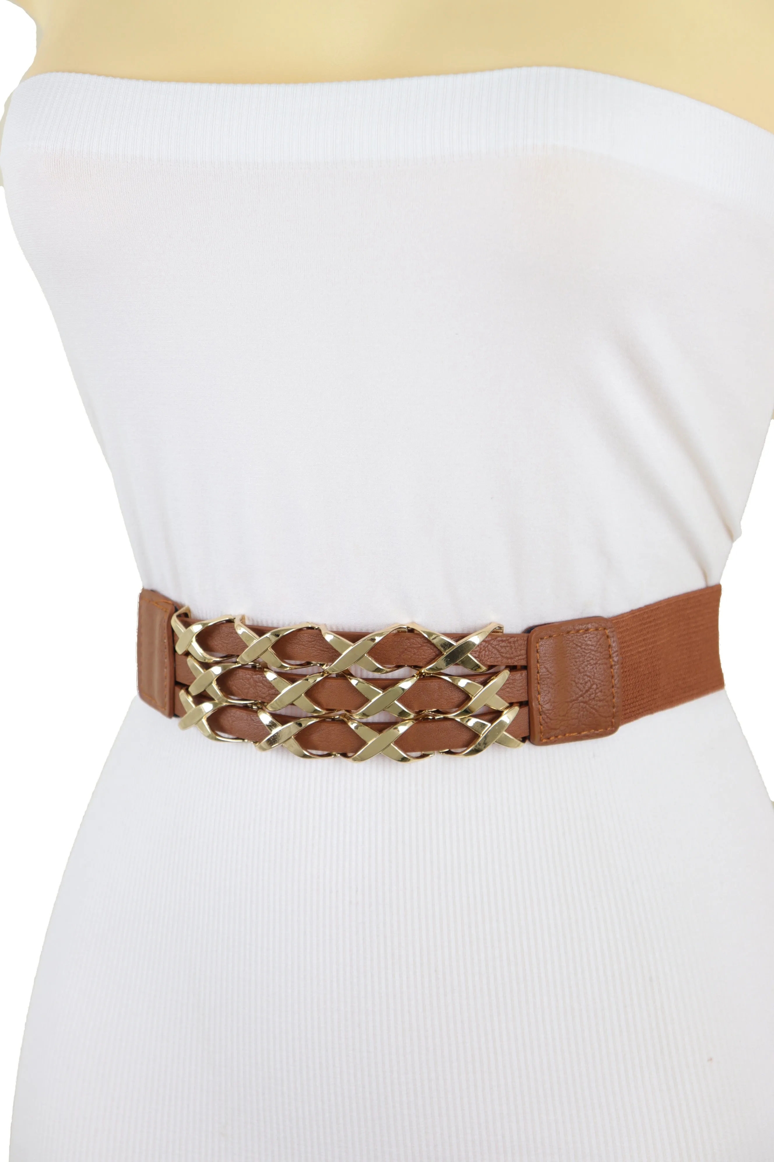Brown Elastic Fashion Belt Gold Metal XX Charms Fit Size S M